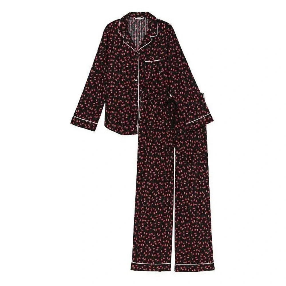 Victoria's Secret Black Strawberry Print Cotton Pajama Set Long Sleeve Pants L